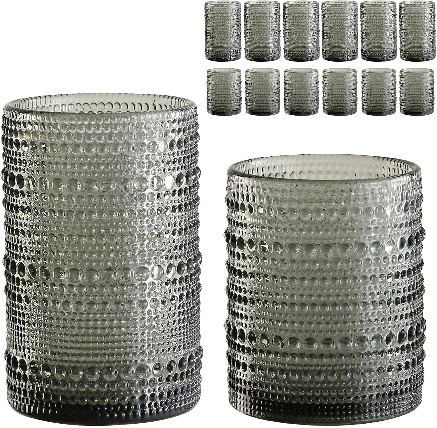 ZMOWIPDL Drinking Glasses Set of 12,Grey 12oz & 15oz Hobnail Glass Cups | Amazon (US)