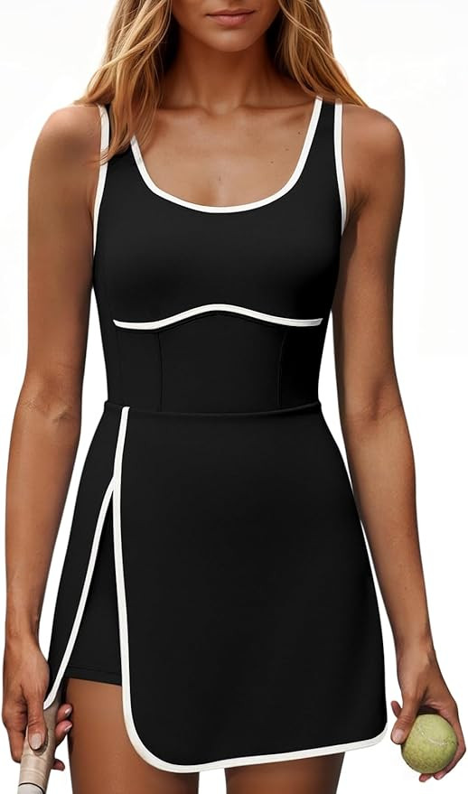 Fisoew Womens Workout Tennis Dress with Built-in Bra & Shorts Pockets Sleeveless Cutout Golf Athl... | Amazon (US)