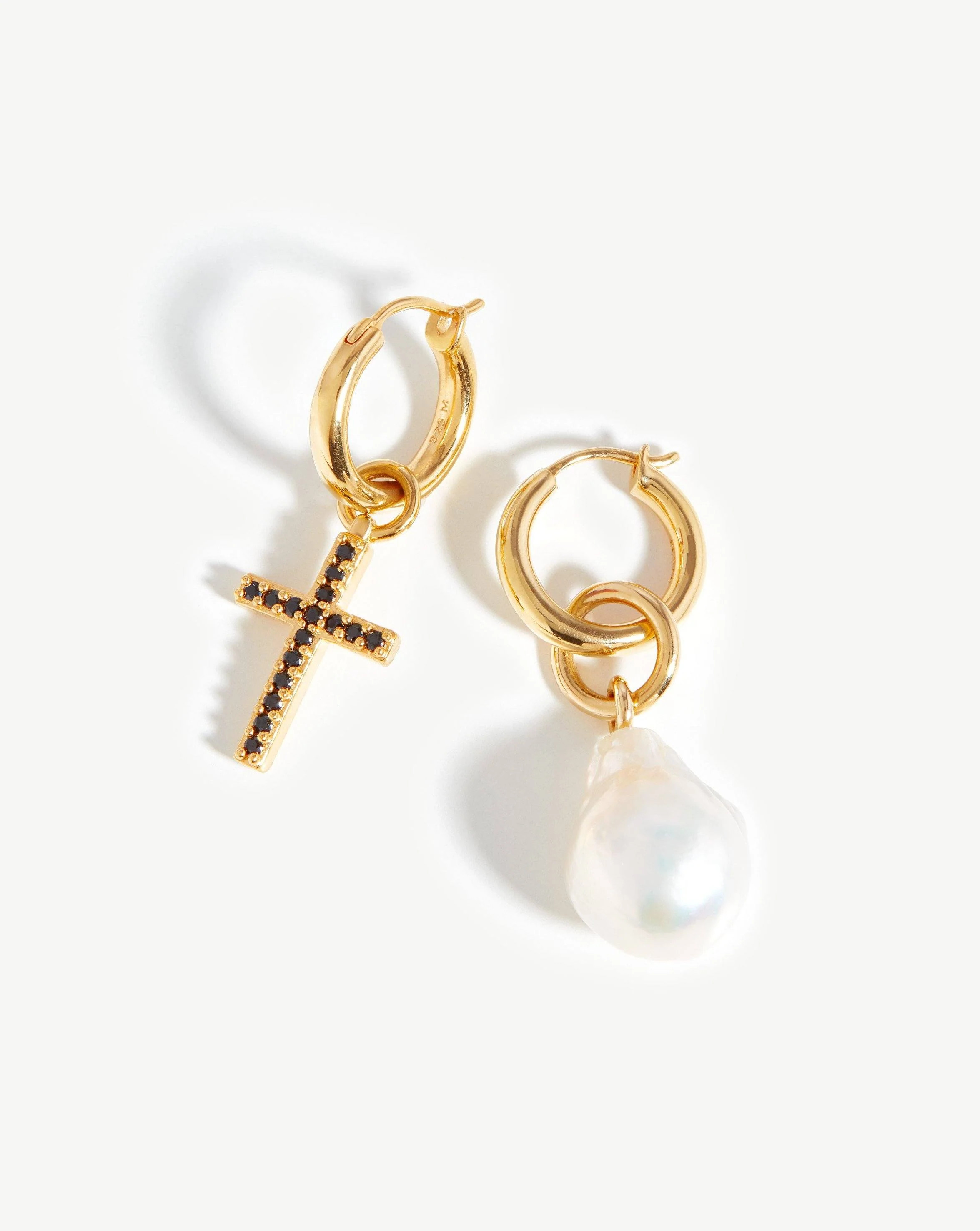 Baroque Pearl & Pave Cross Hoop Earrings 18ct Gold Plated Vermeil/Pearl & Black Pave | Missoma