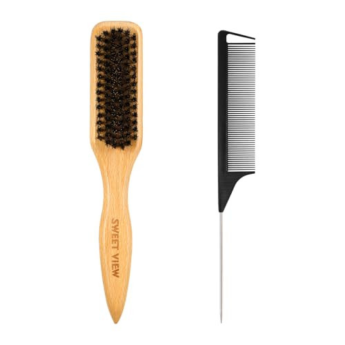 SWEET VIEW Boar Bristle Slick Back Hair Brush for Smooth Flyaways, Frizz, Sleek Ponytail, Buns and Edge Baby Hair, Teasing | Gel Comb Styling Accessories for Girls, Kids and Women | Amazon (US)