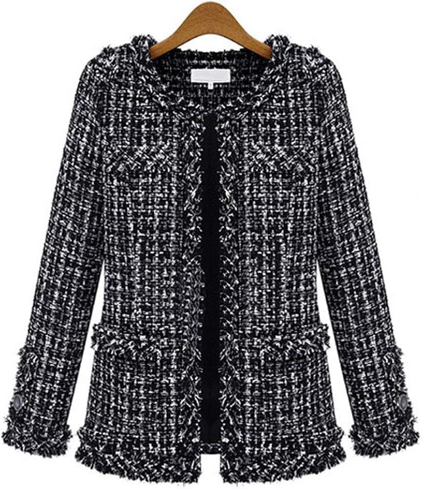 ebossy Women's Elegant Open Front Round Neck Fringed Plaid Tweed Jacket | Amazon (US)