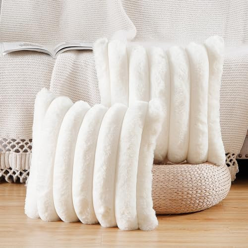 MADIZZ Plush Faux Wool Throw Pillow Covers 20x20 Inch Cream White Set of 2 Fluffy Striped Soft Decorative Cushion Cover for Sofa Bedroom Pillow Shell | Amazon (US)