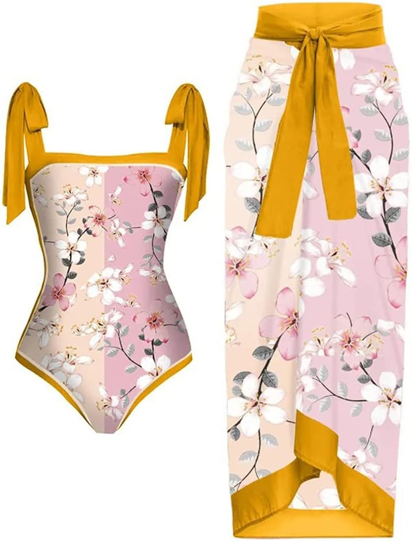 Women Swimsuits Abstract Printing Notched Square/V Neck Floral Vacation One Piece with Cover Up | Amazon (US)