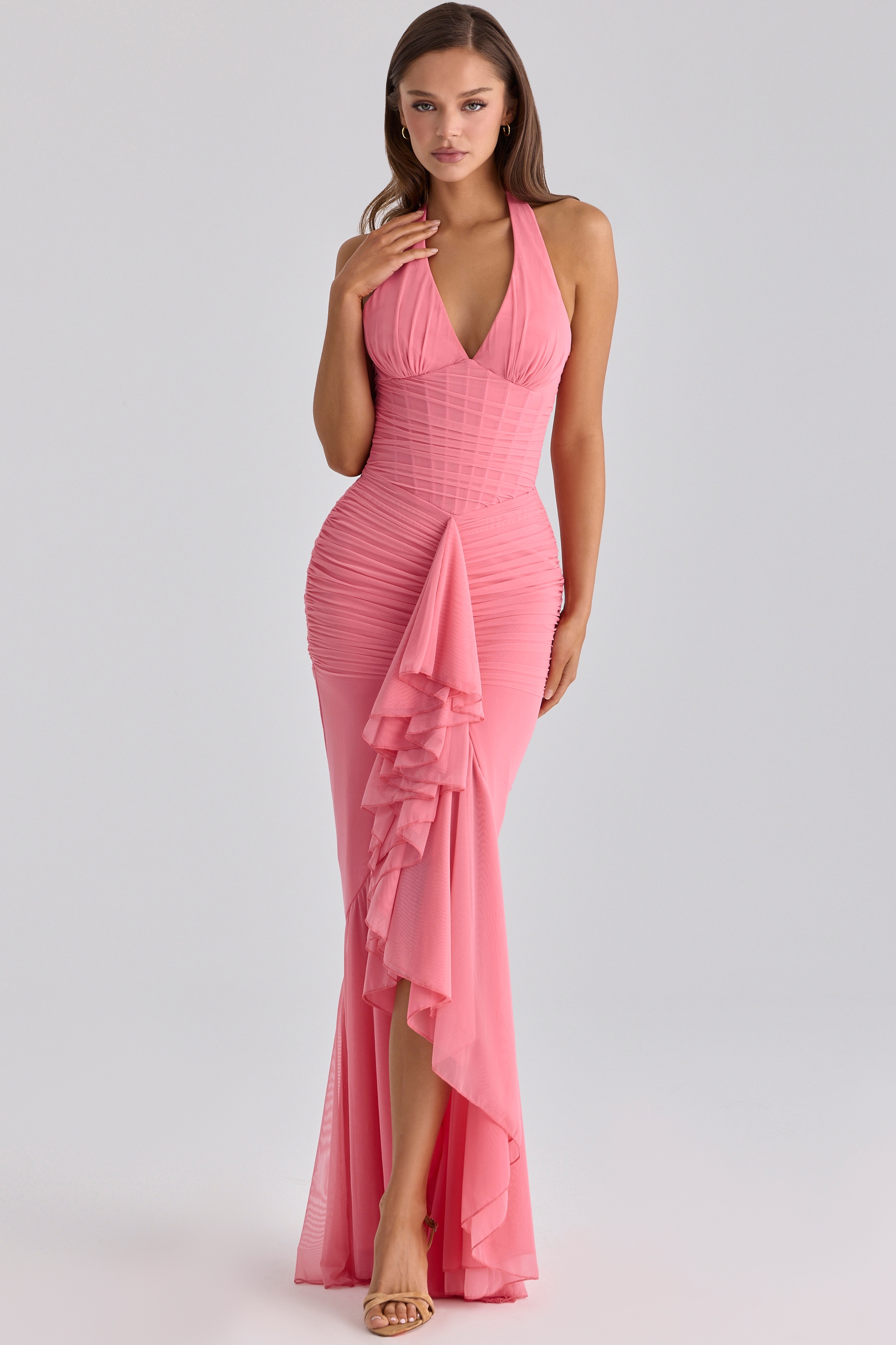 raspberry mesh halter neck waterfall maxi dress | House of CB