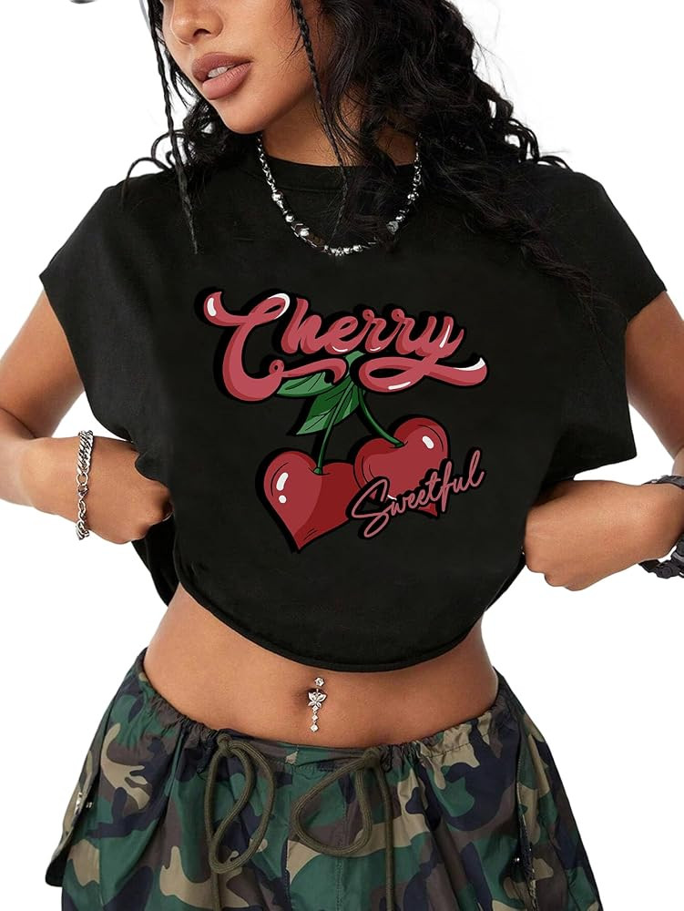 Hilinker Women's Graphic Cap Sleeve Crop Tops Cute Summer Loose Fit Crew Neck T Shirts | Amazon (US)