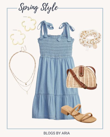 Spring style. Spring dress. Spring denim dress. Spring outfit idea. Woven bag. Neutral sandals  

#LTKstyletip #LTKunder50 #LTKSeasonal