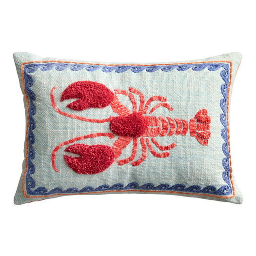 Blue and Red Lobster Embroidered Indoor Outdoor Patio Lumbar Pillow by World Market | World Market