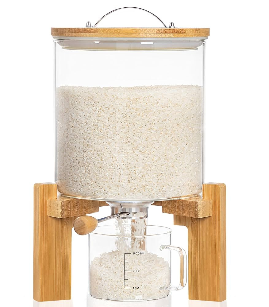 HBlife 8-10 Lbs Glass Rice Dispenser with Wooden Stand Flour and Cereal Container with Glass Meas... | Amazon (US)