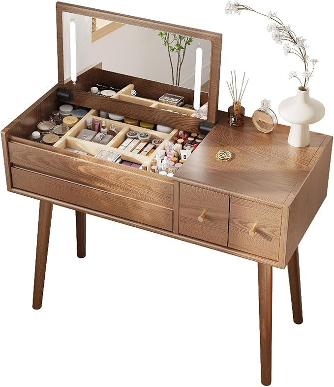 KungFuWood Makeup Vanity Desk with 3 Lighting Modes, Solid Wood Vanity Desk with Mirror Dressing ... | Amazon (US)