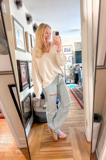 Casual Saturday, love these oversized sweatshirts for the summer. You can wear them on or half off the shoulder! 

top medium
jeans 30 long 
shoes 7.5



#LTKFindsUnder50 #LTKMidsize #LTKOver40