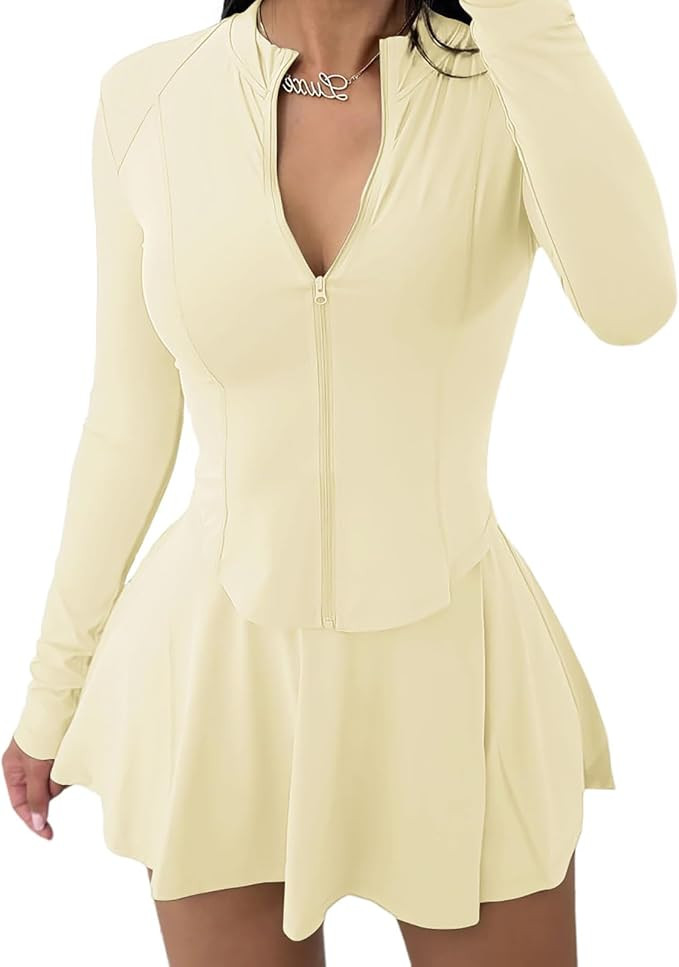 Vssjavun Women 2 Piece Mini Skirt Sets with Long Sleeve Zipper Workout Jacket Sweatsuit Tracksuit... | Amazon (US)