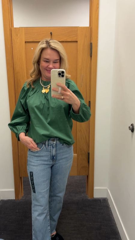 Hit the dressing room at J.Crew factory yesterday. I fell in love with this green blouse. It’s the perfect spring green color, very lightweight and crisp. Perfect for spring, and then you can pull it out again in the fall and wear it. I like it with both white jeans and these essential straight denim. 

#LTKSeasonal #LTKstyletip #LTKVideo