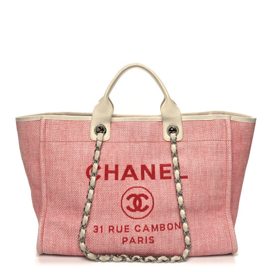 Woven Straw Raffia Medium Deauville Tote Pink White | FASHIONPHILE (US)