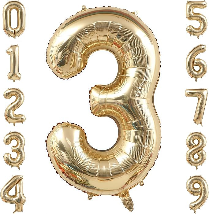 Champagne Gold 3 Balloon Number,40 Inch Light Gold 3 Balloons Big Foil Mylar Helium Number 3 Ball... | Amazon (US)