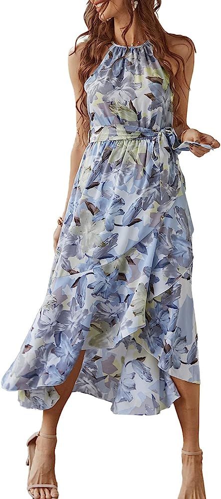 Fesier Women's Boho Halter Neck Floral Print Long Maxi Dress Sleeveless Split Ruffle Swing Beach Sun | Amazon (US)