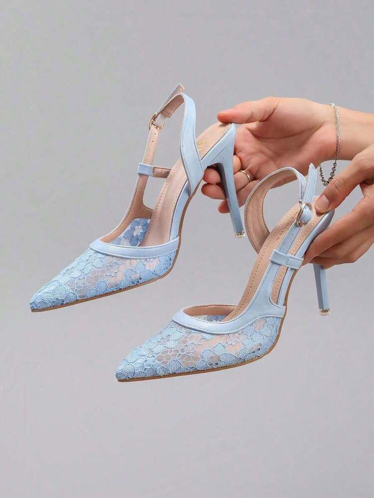 Women's Lace Patchwork Pointed Toe High Heel Sandals, Hollow Out Breathable Fashion Party Stilett... | SHEIN