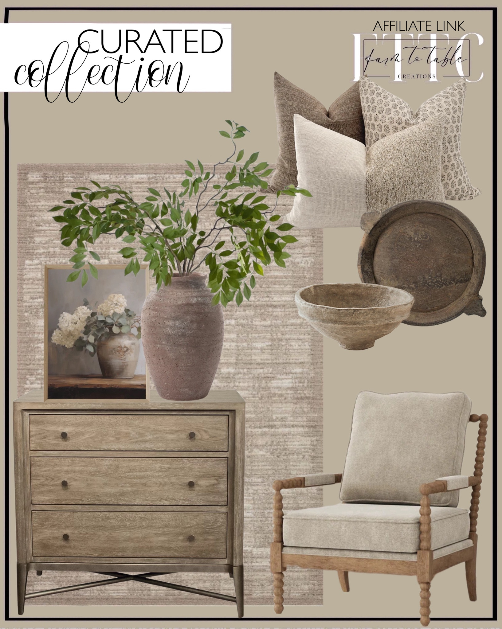 Curated Collection. Follow @farmtotablecreations on Instagram for more inspiration.

Regan Metal Nightstand. Loloi Performance Sand Rug. Sareena Upholstered Spindle Accent Chair. HACKNER HOME Brook Pillow Cover Set. Queta Terracotta Vase McGee & Co. Hydrangeas in Aged Vessel Painting  31" Fake Wisteria Branches. Found Reclaimed Wood Bowl With Handles. Ballard Designs Paper Mâché Bowl. Living Room Inspo. Dining Room Inspo. Coffee Table Decor. 

#LTKHome #LTKFindsUnder50 #LTKSaleAlert