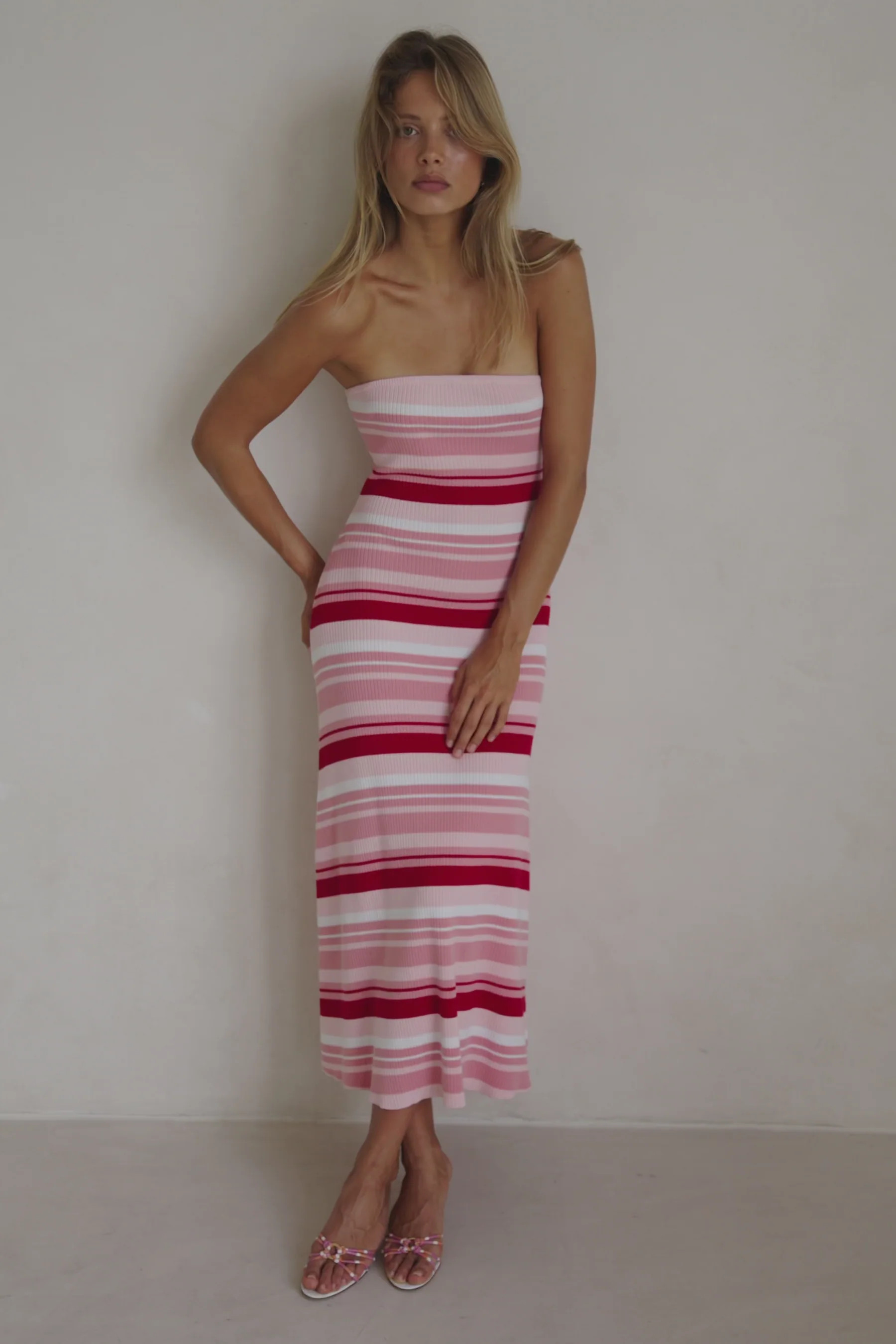 Prink Stripe Ribbed Strapless Maxi Anya Dress | Sabo Skirt US
