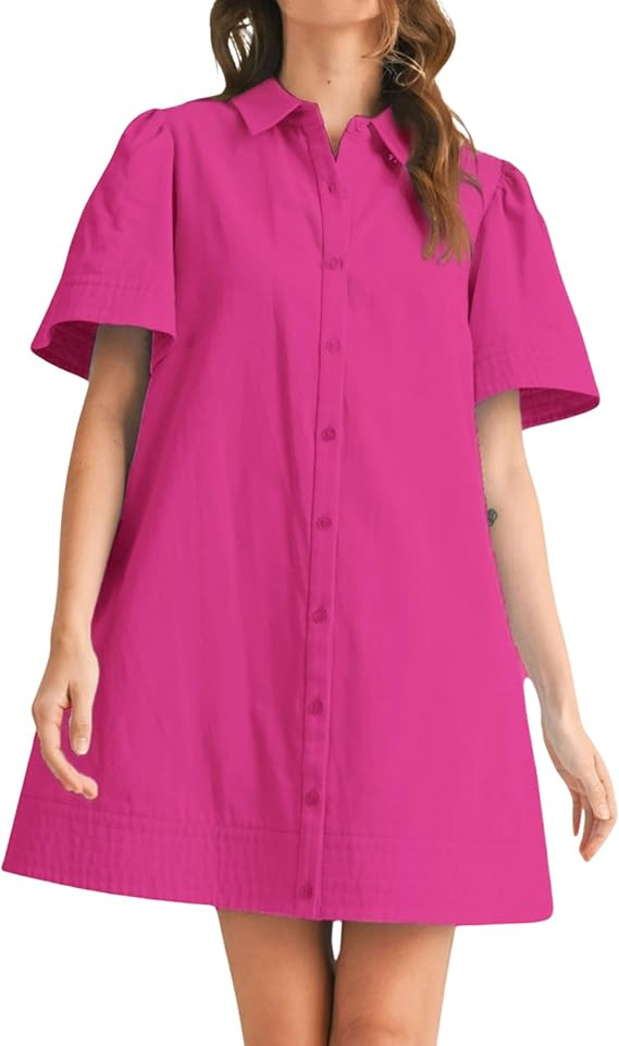 Womens Short Sleeve Button Down Mini Shirt Dress Lapel Collar Short Dresses with Pocket | Amazon (US)