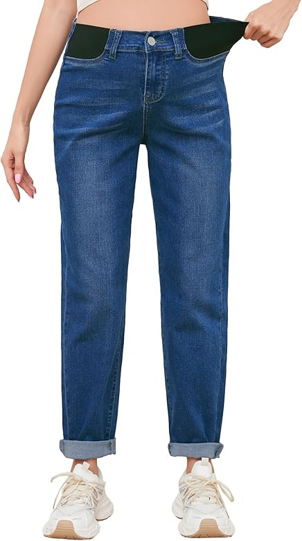Women's Maternity Jeans Mid-Rise Stretchy Boyfriend Jeans Under Belly Pregnancy Denim Pants with ... | Amazon (US)