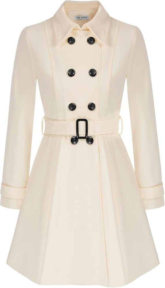 Kate Kasin Women's Double Breasted Trench Overcoat Lapel Button Closures Belted Thick A Line Swing P | Amazon (US)