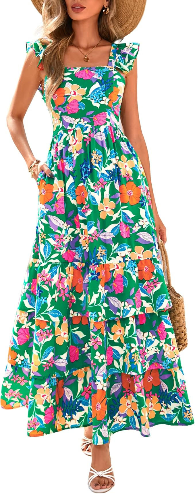 dowerme Summer Dresses for Women 2025 Casual Ruffle Smocked Tiered A-Line Boho Floral Maxi Beach ... | Amazon (US)