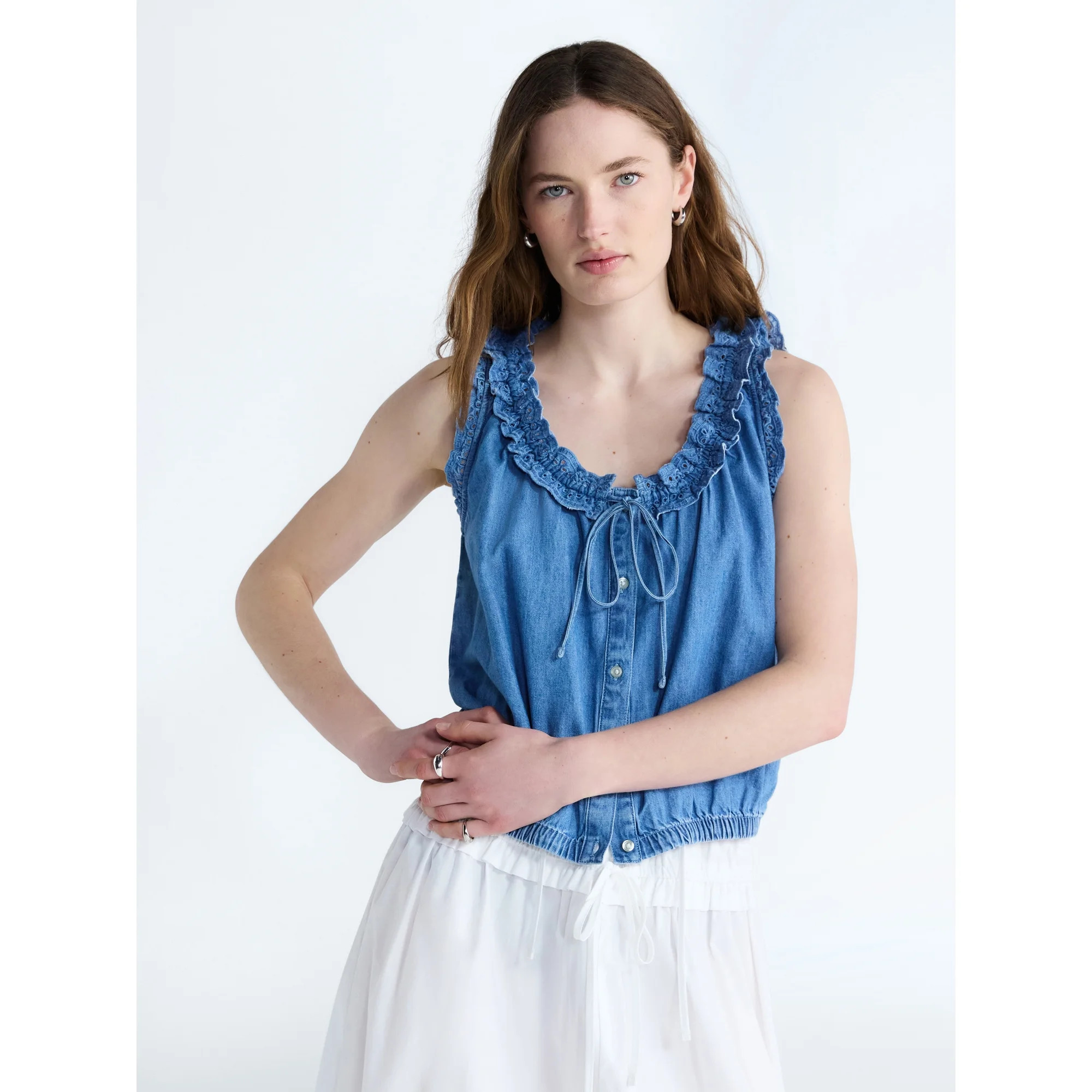 Free Assembly Eyelet Ruffle Sleeveless Chambray Top, Sizes XS-XL | Walmart (US)