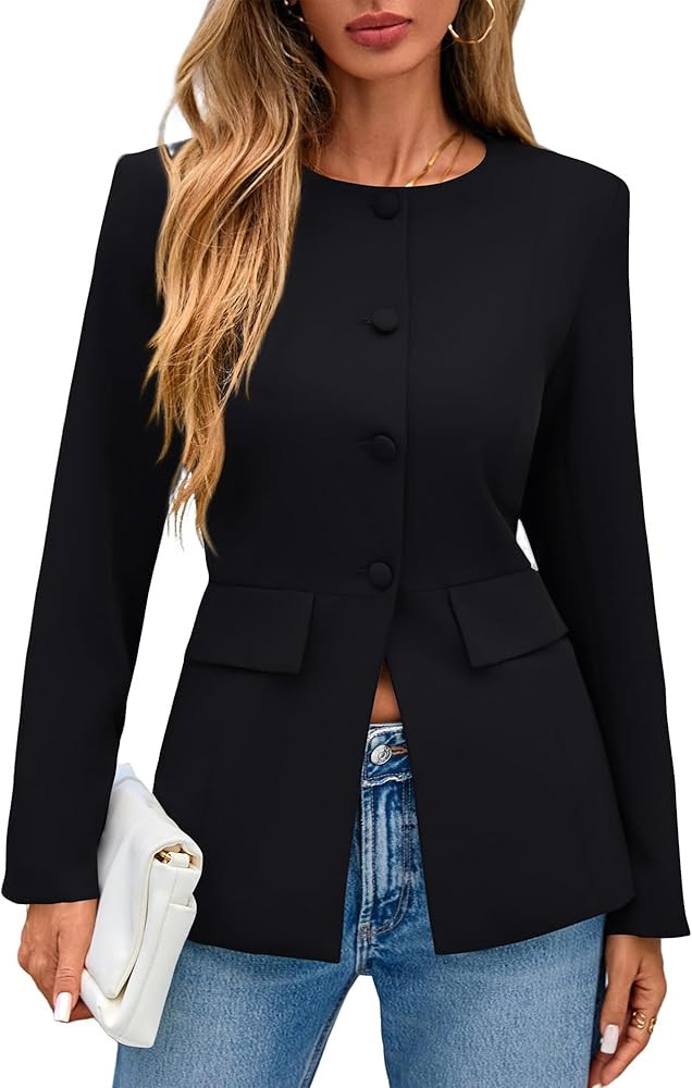 Lazysmile Blazers for Women Long Sleeve Crewneck Button Down Suit Jackets Work Office Business Ca... | Amazon (US)