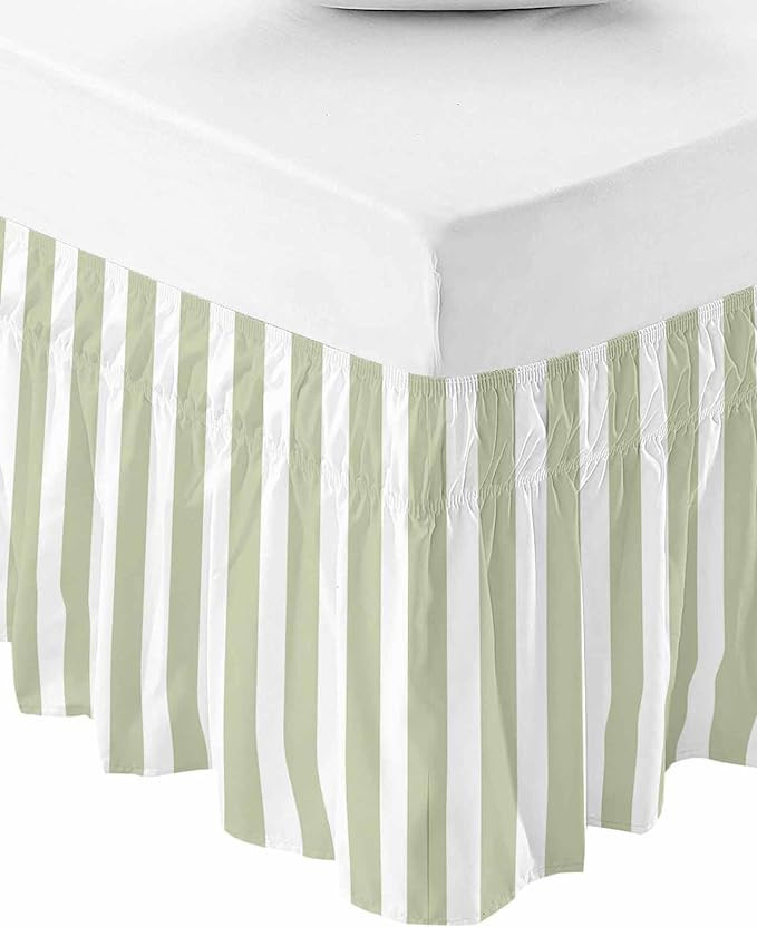 Sage Green Striped Bed Skirt Queen Size 18 Inch Drop, Farmhouse Adjustable Elastic Bedskirt Dust ... | Amazon (US)
