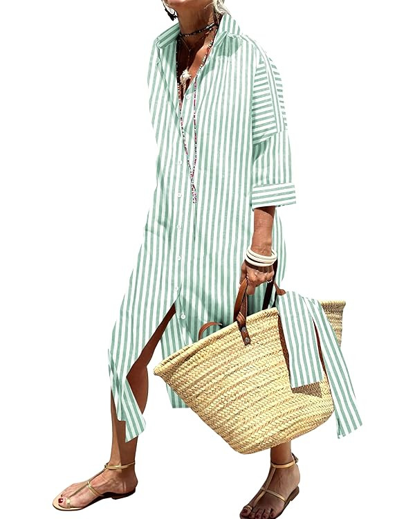 Womens Shirt Dresses Striped Lapel 3/4 Sleeve Maxi Dress Button Down Split Belted | Amazon (US)