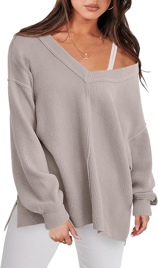 ANRABESS Women Long Sleeve Shirt V Neck Off Shoulder Oversized Knit Pullover Sweatshirt Loose Hig... | Amazon (US)