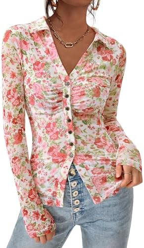 PRETTYGARDEN Women Button Down Floral Shirts 2026 Fall Trendy Long Sleeve V Neck Mesh Boho Blouse... | Amazon (US)