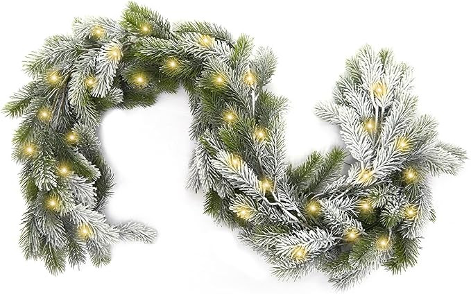9 Ft Real Touch Norfolk Snow Pine Garland with Lights for Mantle Table Setting Fireplace, Outdoor... | Amazon (US)
