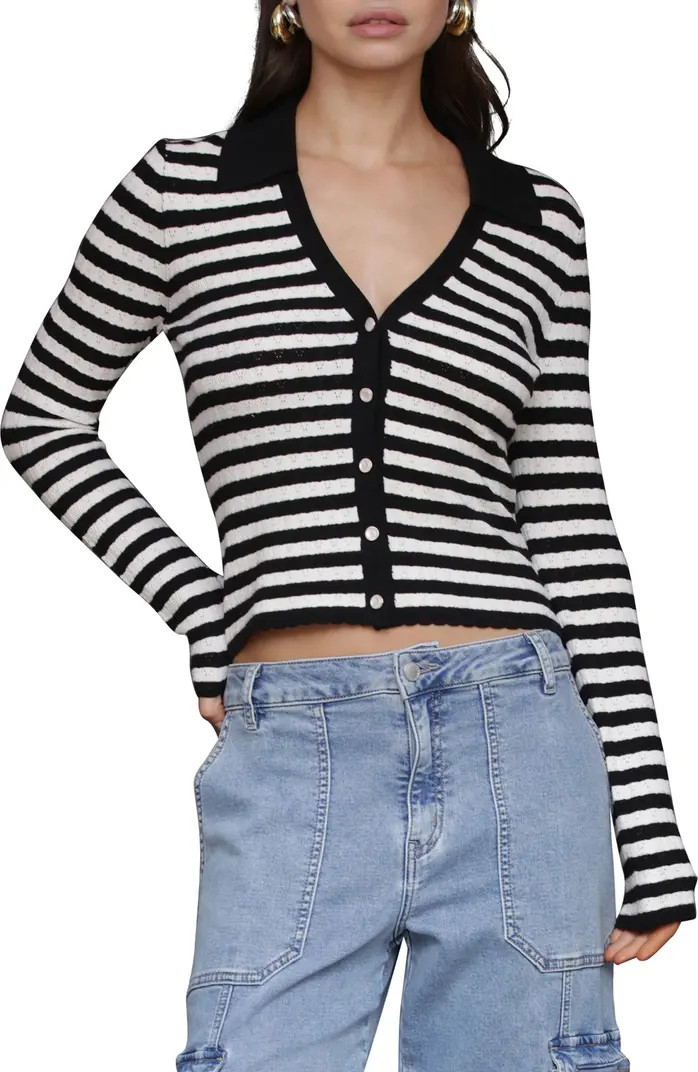 Avec Les Filles Striped Pointelle Polo Cardigan | Nordstrom | Nordstrom