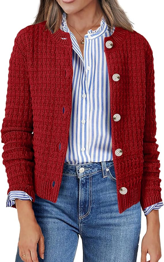 Zeagoo Women's 2025 Cardigan Sweaters Button Down Crew Neck Open Front Long Sleeve Knit Cropped J... | Amazon (US)
