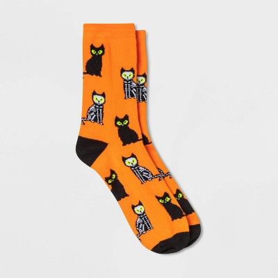 Women's Glow in the Dark Skeleton Cat Halloween Crew Socks - Orange 4-10 | Target