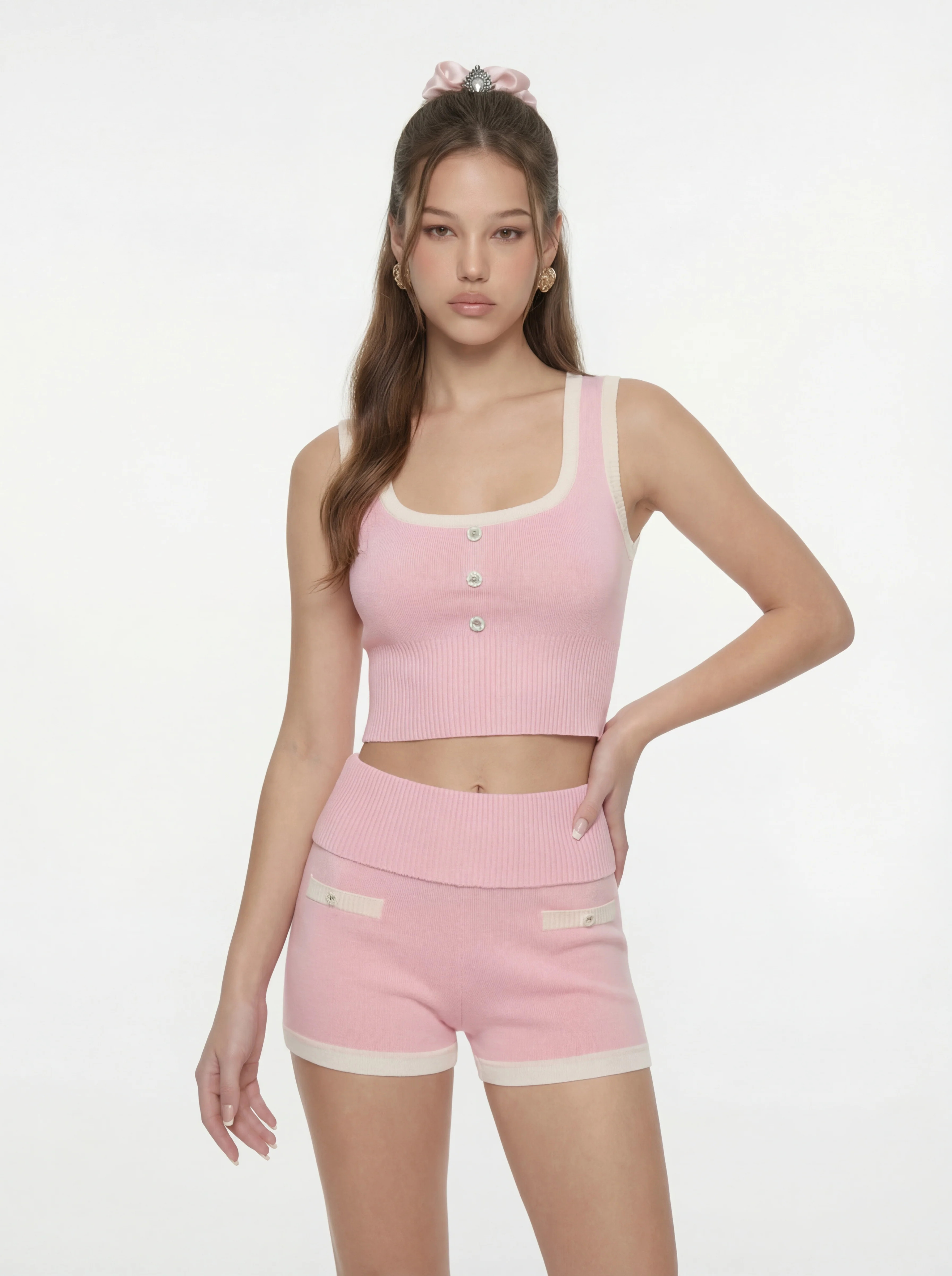 Pink Contrast-Trim Knit Vest with Pearl Buttons | Nana Jacqueline | Nana Jacqueline