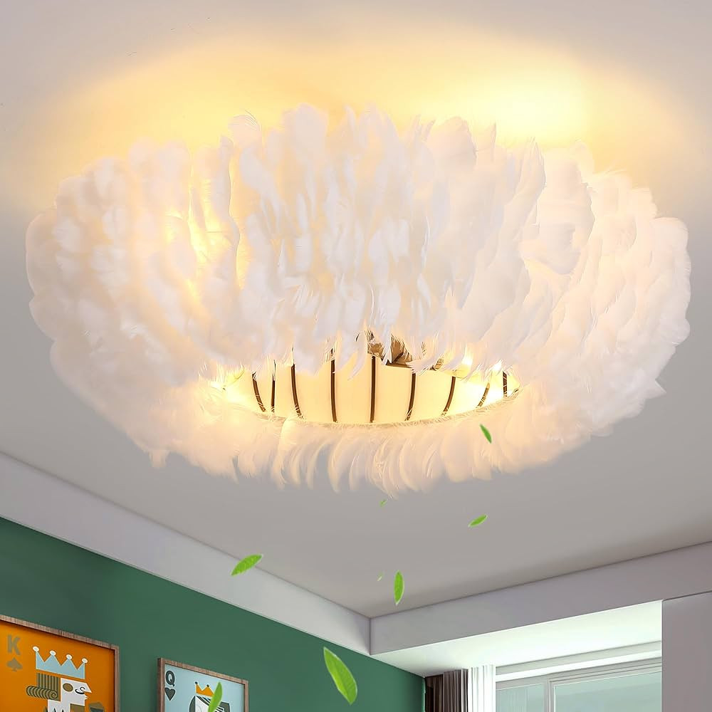 20" Modern Ceiling Fans with Lights and Remote Control，White Feather Chandeliers Stylish Low Pr... | Amazon (US)