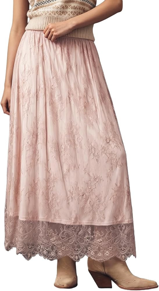 BLENCOT Women's Boho Lace Maxi Skirt A-Line Flowy Long Skirts for Casual Wedding Guest | Amazon (US)