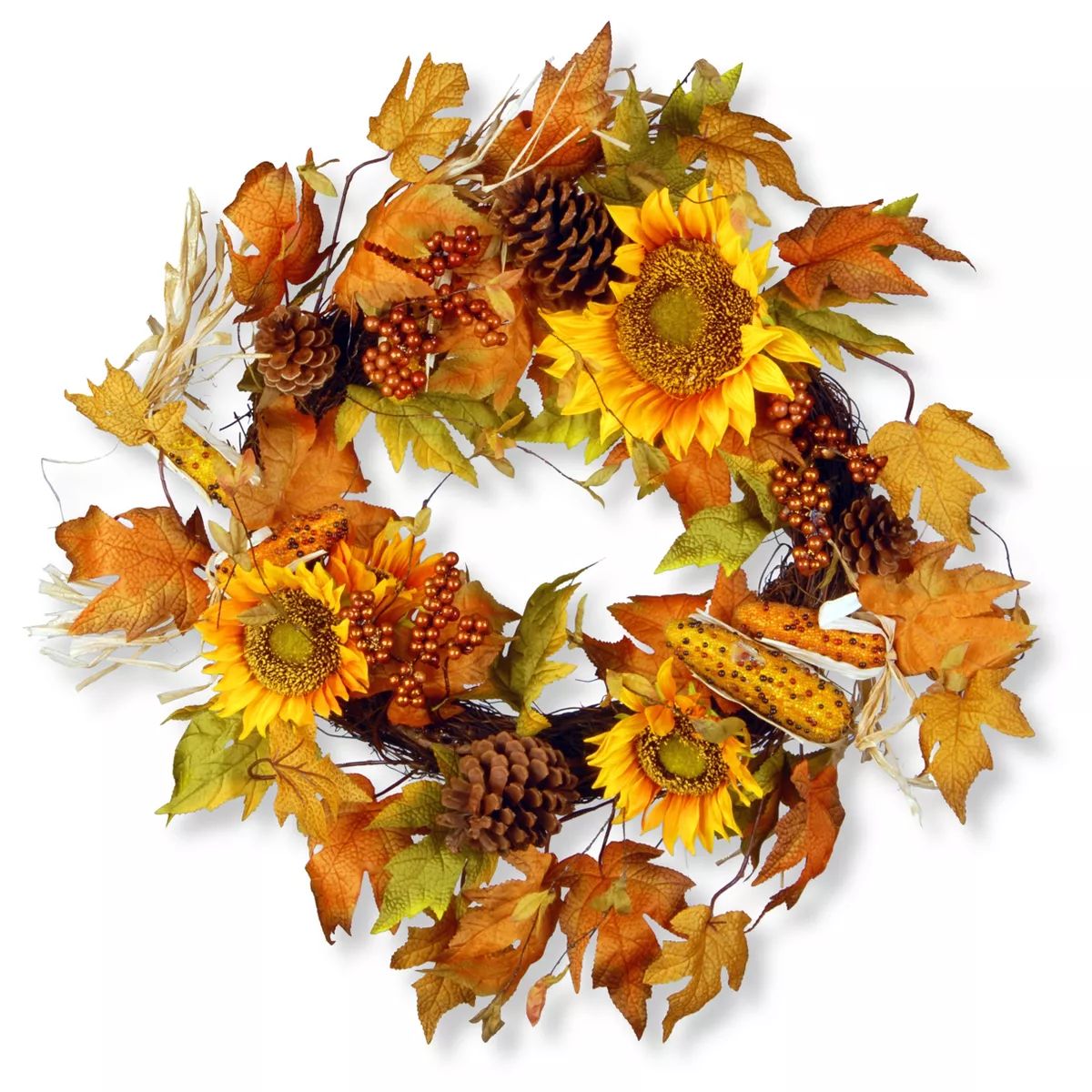 National Tree Company 24" Autumn Sunflower Wreath: Faux Maple Pinecone Berry Decor, Sheltered Out... | Target