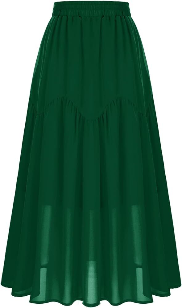 Belle Poque Women's Chiffon Flowy Skirt High Elastic Wasit Midi Tiered Skirt | Amazon (US)