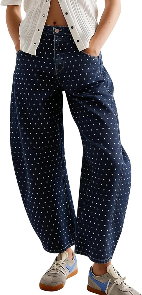 chouyatou Women Baggy Polka Dot Barrel Jeans Y2K Floral Print Wide Leg Jeans Boyfriend Denim Ankl... | Amazon (US)