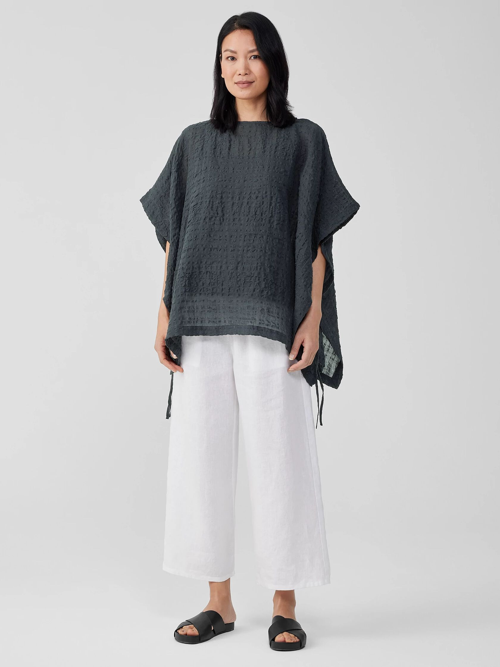 Linen Cotton Sheer Check Poncho | Eileen Fisher