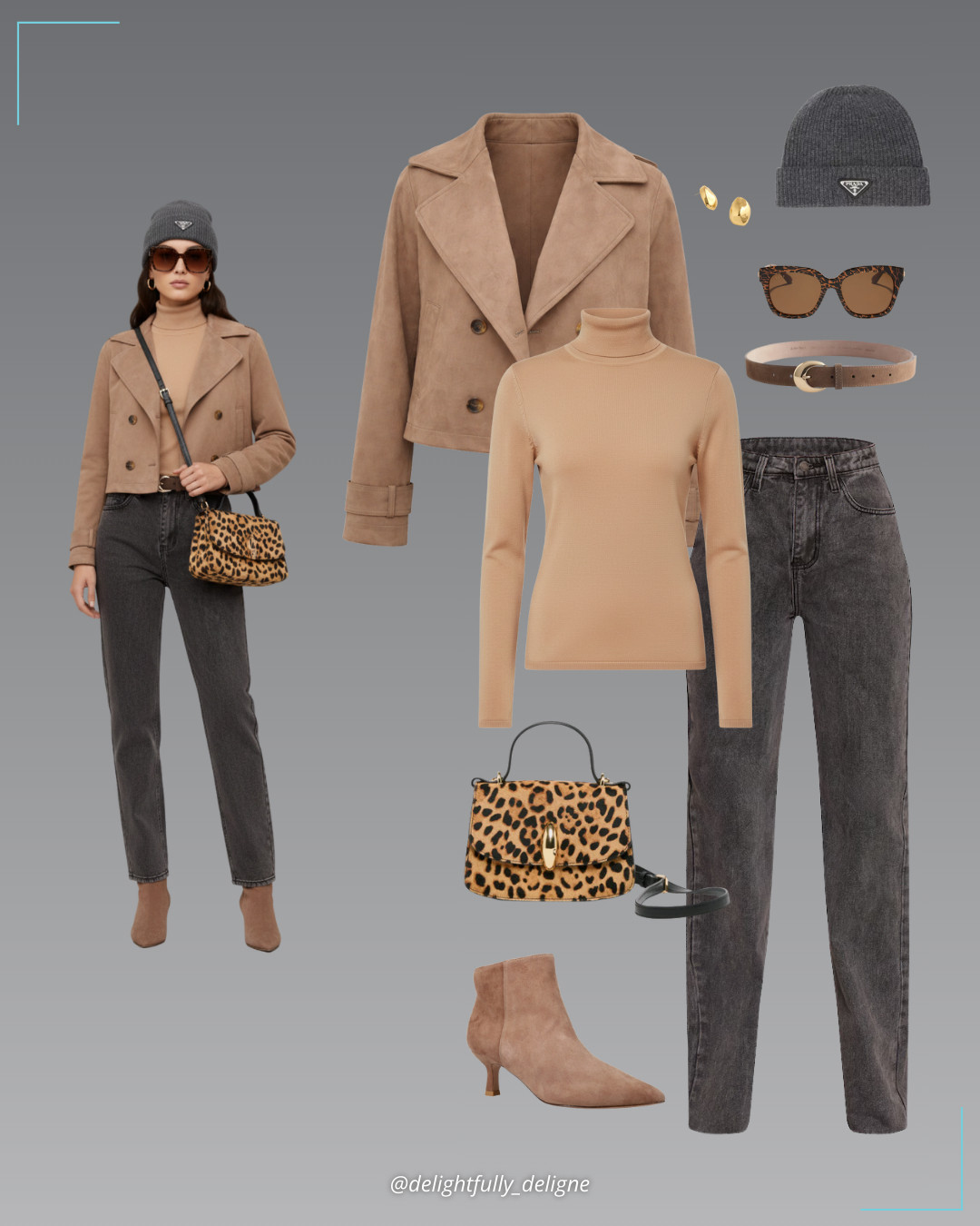 Grey & Brown Layered Edit 🤎🩶Tall washed grey high-waist straight-leg jeans, threadbare brown suedette cropped trench jacket, essential turtleneck sweater, crescent-buckle leather belt, pointed-toe kitten-heel booties, calf-hair top-handle bag, brown animal sunglasses, organic droplet statement stud earrings & wool-blend beanie hat. 

 #LTKgrwm #LTKootd #LTKOver40