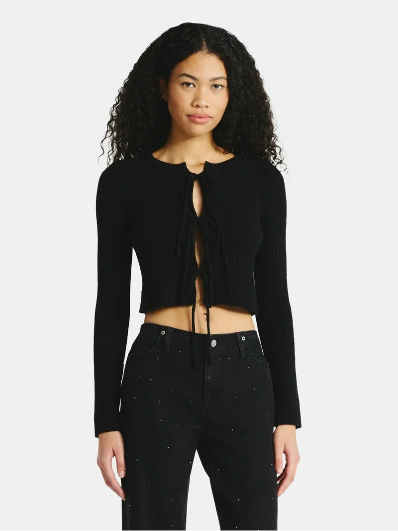 No Boundaries Bow-Tie Ribbed Cardigan, Women's | Walmart (US)