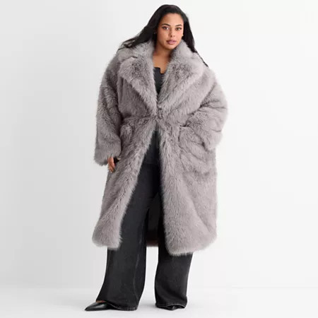 Ashley Graham Womens Plus Faux Fur Coat, 1x, Gray | JCPenney