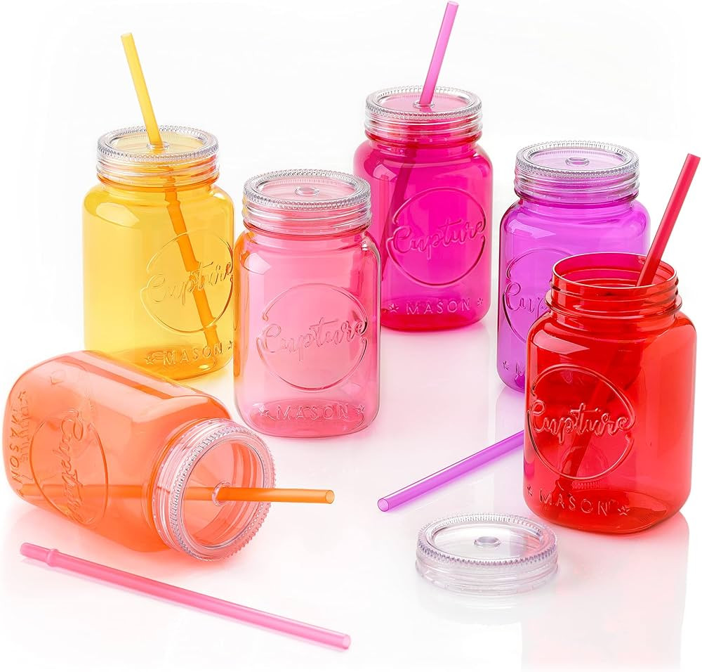 Cupture Acrylic Mason Jar Tumbler Mugs with Lids & Straws - 20 oz, 6 Pack (Warm Blossom) | Amazon (US)