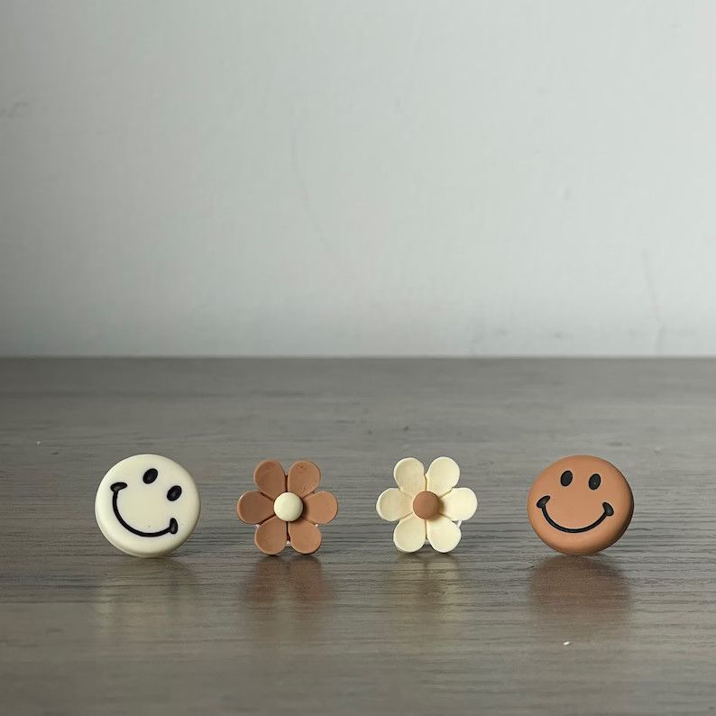 Set of 4 Charms | Retro Smiley Brown and Cream Flower Croc Charm Set | Etsy (US)