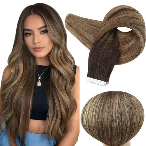 Full Shine Balayage Tape in Hair Extensions 18 Inch Tape in Extensions 50Gram 20pcs 2/3/27 Dark Brown Ombre Caramel Blonde Mixed Brown Seamless Real Remy Human Hair for Wedding Add Volume | Amazon (US)