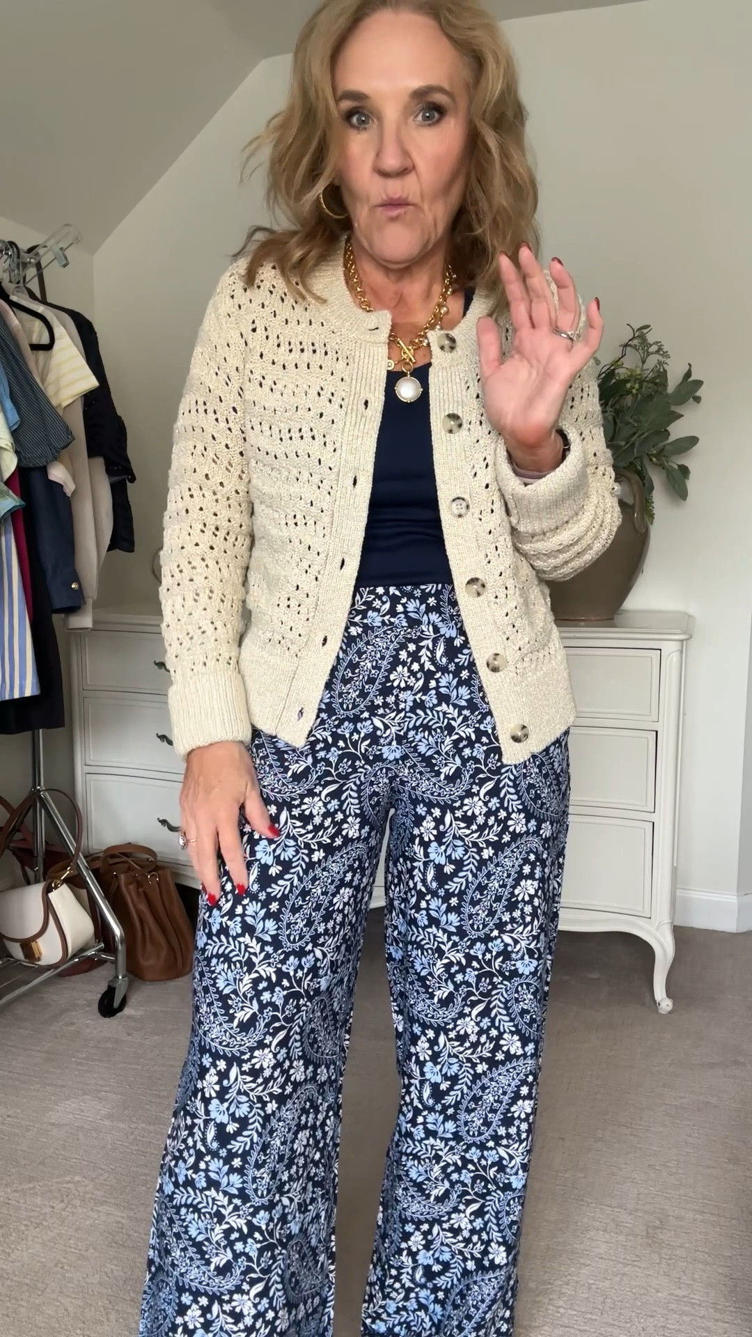 Crochet sweater with a hint of metallic size medium 
Scoop neck tee size medium quite fitted 
Linen blend navy bandana print pants size small. The medium petite is soldout so the small was a great option. 

Linking some favorite loft accessories too. Don’t miss them  
Loft spring outfits navy printed pants Memorial Day work outfit 

#LTKSaleAlert #LTKOver40 #LTKFindsUnder50